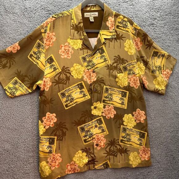 Tommy Bahama Men's Large 100% Silk Hawaiian Shirt Post Card Flower Design EUC - Picture 5 of 10